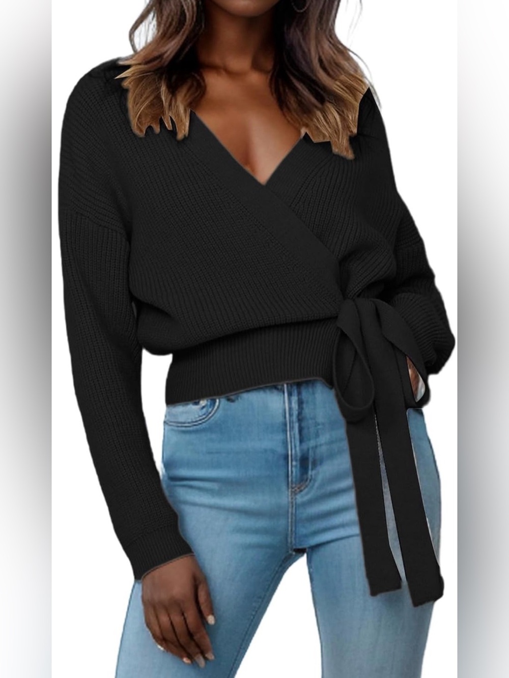 Black Wrap Tie-Front Sweater - Women